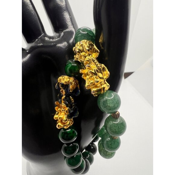 Green Jade Glass Beaded Bracelets With Gold Pi Xiu Charms 6.5" & 7" Sizes Stretc - Picture 5 of 7
